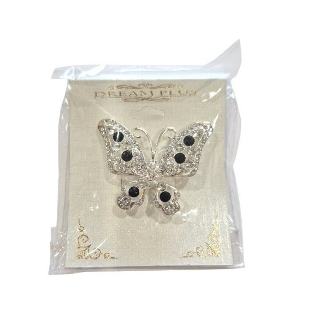 Dream Plus Butterfly Brooch Silver Tone Clear Rhinestone Black Accents Pin New